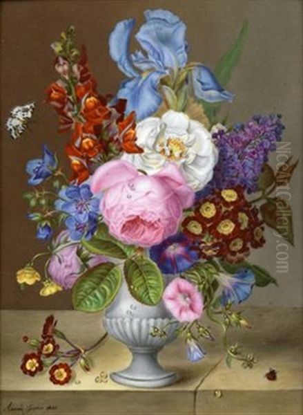 Bunt Gemaltes Blumenbukett In Porzellanvase, Wassertropfen, Gluckskafer Und Blumenzweig Auf Steinplatte Oil Painting by Aimee Jovin