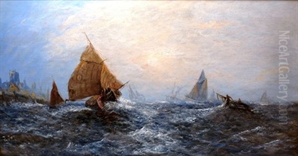 Fishing And Other Vessels Offshore Oil Painting by John Cantiloe Joy