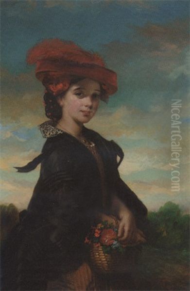 Portrait Of A Young Lady In A Brown Striped Dress And Red Hat, Holding A Basket Of Flowers Oil Painting by Thomas Musgrave Joy