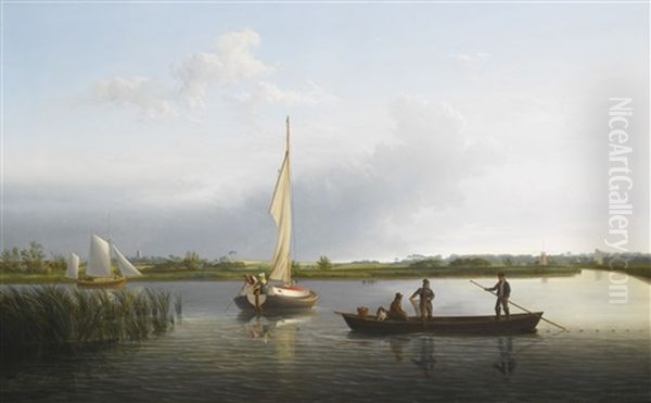 Heigham Sound With Martham Church To The Left Oil Painting by William Joy