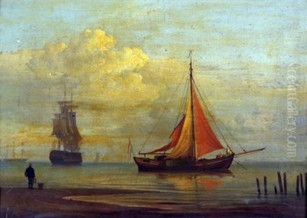 Coastal Scene With Shipping And Figure On The Shore Oil Painting by William Joy