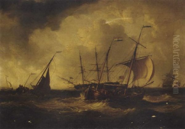 A Frigate Anchored In The Roadsted, Another Following Her In, With Barge Traffic In The Foreground Oil Painting by William Joy