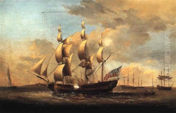 A British Man Of War In Choppy Seas Oil Painting by William Joy