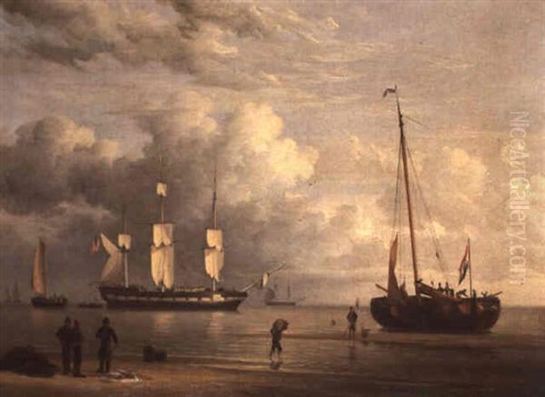 A Beach Scene With A Man O' War Off The Coast And Figures   Loading A Barge In The Foreground Oil Painting by William Joy