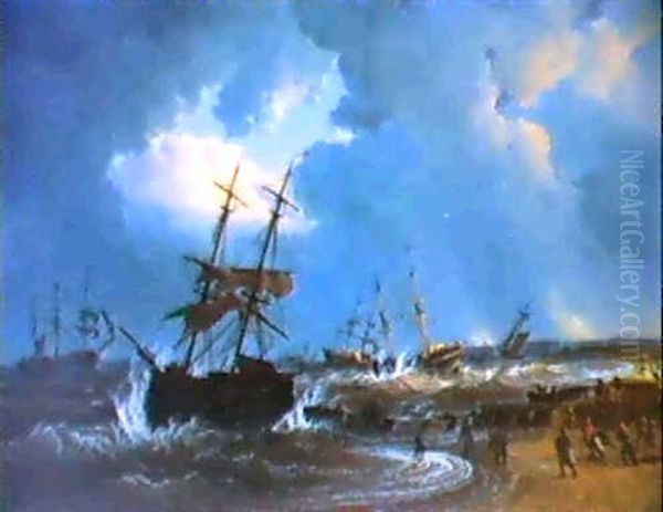 Vessels In Distress Being Aided By Captain Manby's Lifeline Oil Painting by William Joy