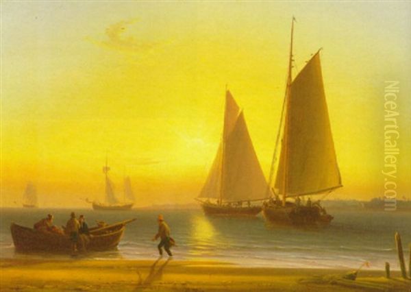 Dutch Shipping In An Estuary At Sunset Oil Painting by William Joy