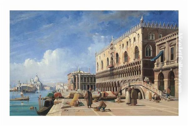 The Riva Degli Schiavoni With The Doge's Palace, The Piazzetta And Santa Maria Della Salute, Venice Oil Painting by Jules-Romain Joyant