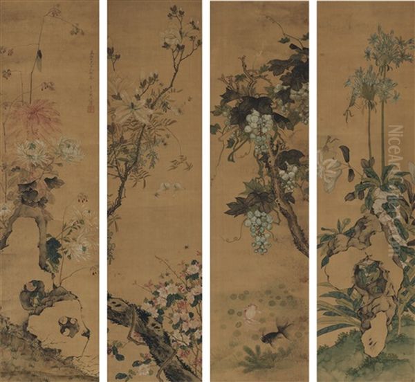 Flowers, Insects And Fish (4 Panels) Oil Painting by  Ju Lian