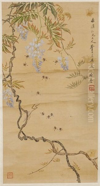 Ju Lian (1828-1904) Bees And Flower Oil Painting by  Ju Lian