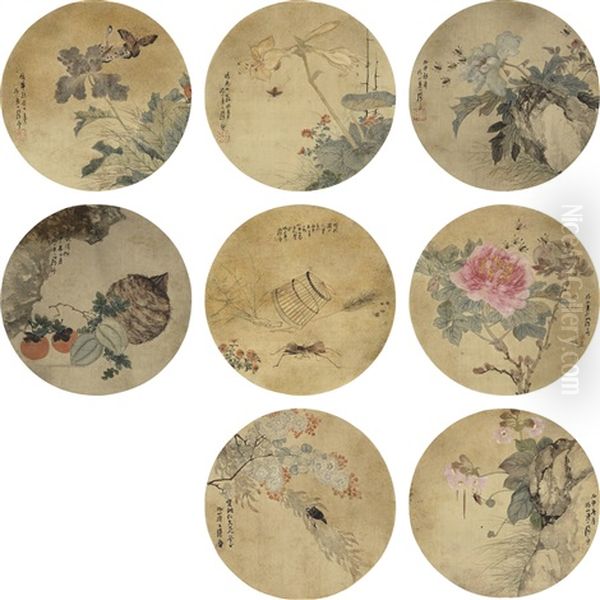 Ju Lian Album Of Flower And Bird Paintings On Circular Fan Leaves Oil Painting by  Ju Lian