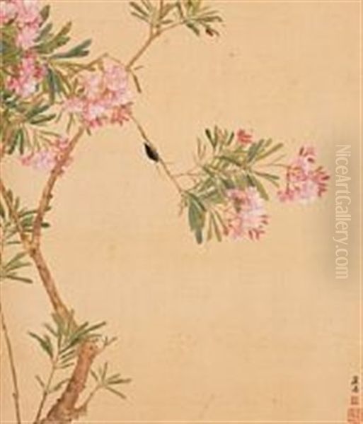 Chinese Scroll Decorated In Colours With Oleander And Two Beetles Oil Painting by  Ju Lian