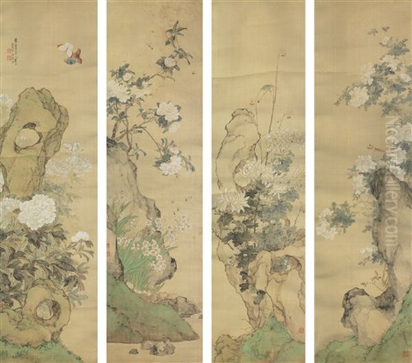 Flowers And Insects Of The Four Seasons (4 Works) Oil Painting by  Ju Lian