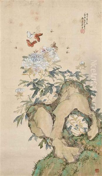 Peony And Butterflies Oil Painting by  Ju Lian