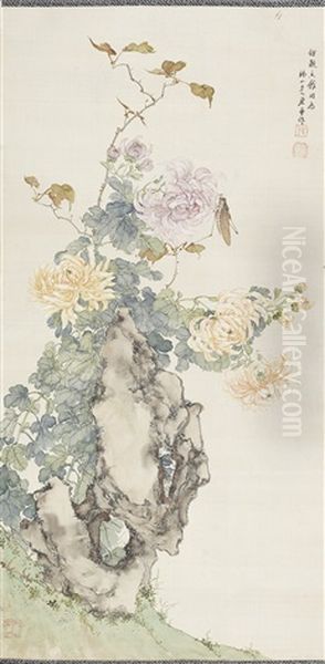 A Scroll Painting Of Chrysanthemums Oil Painting by  Ju Lian