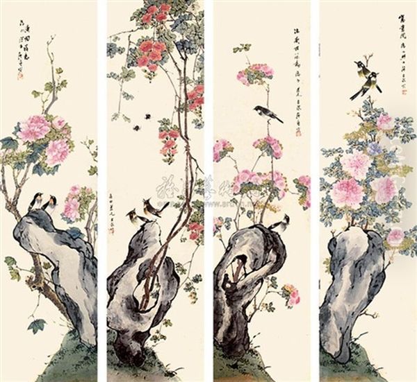 Flowers And Birds (4 Works) Oil Painting by  Ju Lian