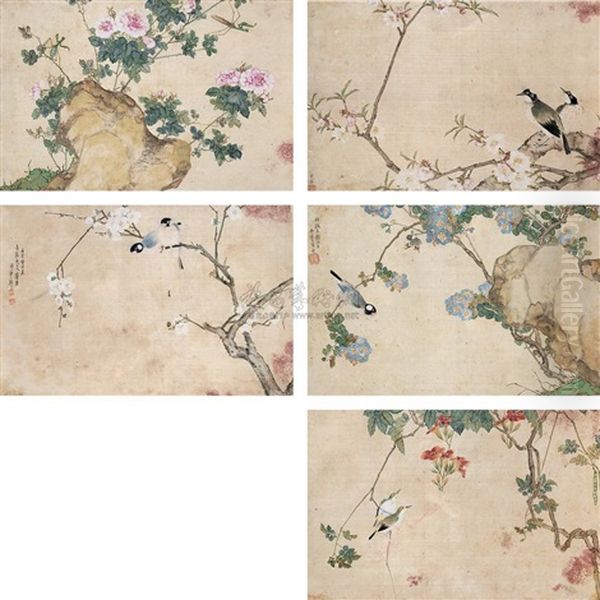 Flowers And Birds (+ 4 Others; 5 Works) Oil Painting by  Ju Lian