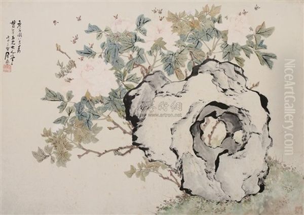 Bee, Flowers And Rock Oil Painting by  Ju Lian