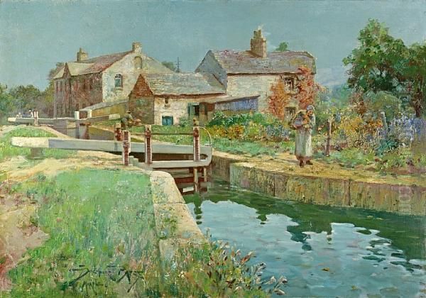 A River Town Oil Painting by Frederick Davenport Bates