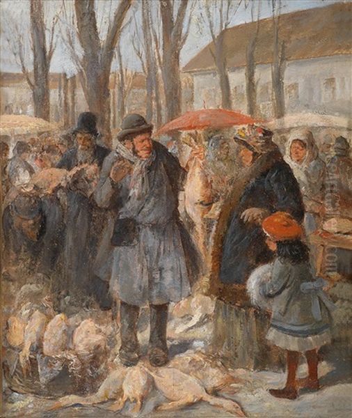 Hustle And Bustle At The Poultry Market Oil Painting by Ernst Juch