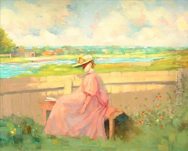 Younggirl Seated On A Bench Oil Painting by Frederick Davenport Bates