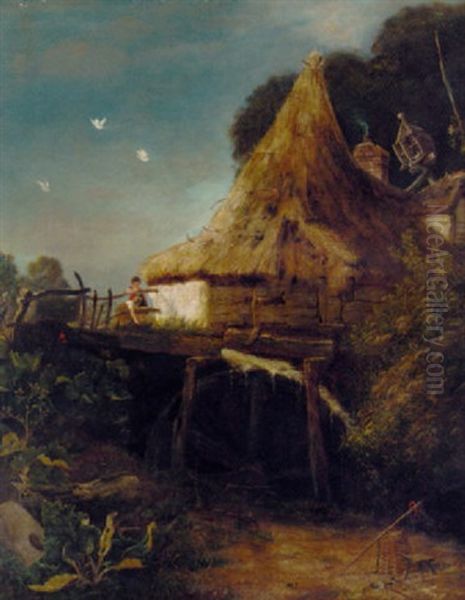 Children Playing By A Watermill Oil Painting by Reverend Thomas James Judkin