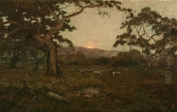 Shepherd And Grazing Sheep Beneath Oaks In Sunset Landscape by Charles Chapel Judson