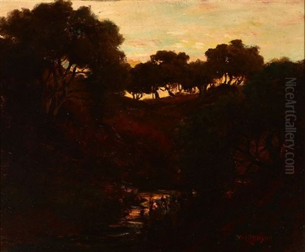 Oak Trees On A Ridgeline, Backlit With Sunset Oil Painting by William Lee Judson