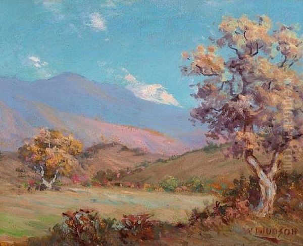 Fall Trees And Blue Mountains (san Simeon Creek?) Oil Painting by William Lee Judson