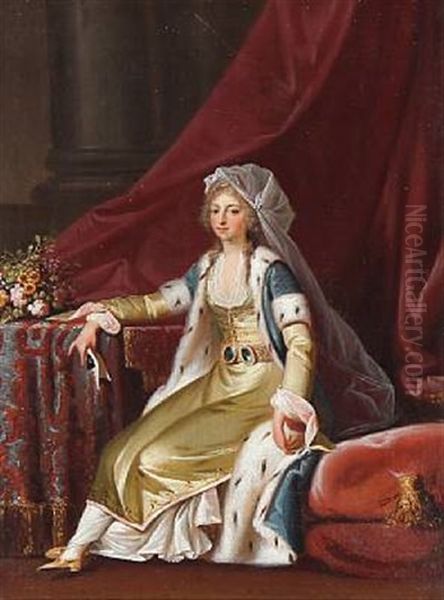 Princess Louise Augusta In A Turkish Dress. Full Length En Face. In A Yellow Dress, Blue Velvet Coat Lined With Ermine Oil Painting by Jens Juel