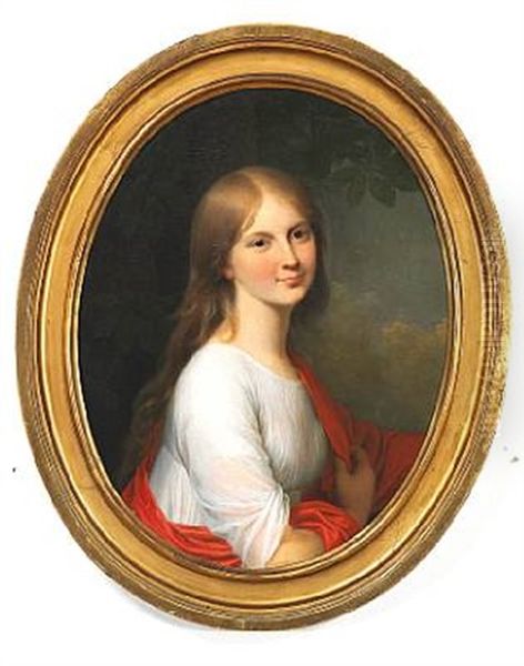 Portrait Of Charlotte Von Bulow, Nee Dollner (1782-1842), In A White Dress With A Red Shawl Oil Painting by Jens Juel