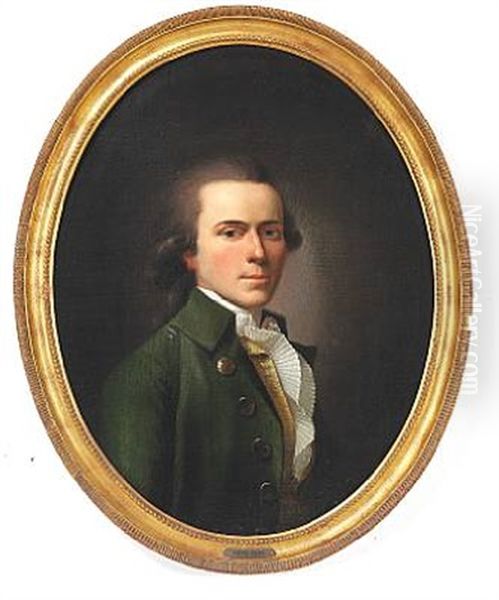 Portrait Of Edmund Bourke (1761-1821) Count And Diplomat In A Dark Green Coat, Yellow And Green Striped Waistcoat, White Stock And White Pleeted Shirt Frill Oil Painting by Jens Juel