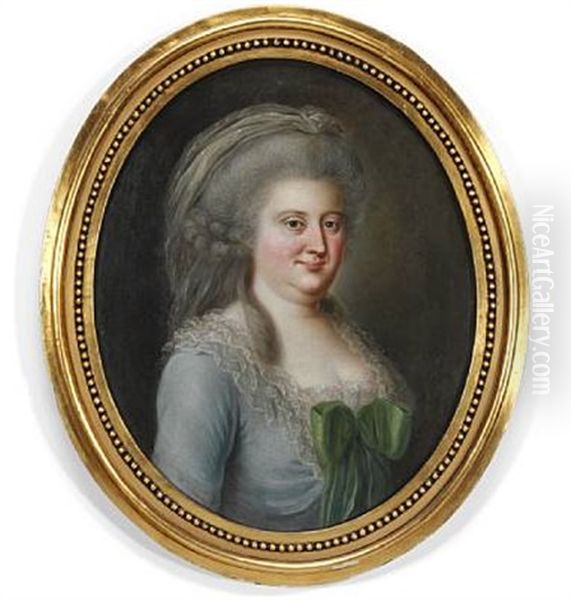 Portrait Of A Woman In A Blue Dress With A Green Bow Oil Painting by Jens Juel