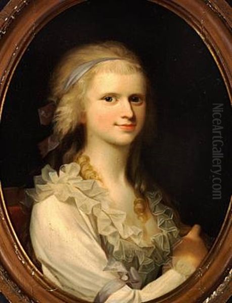 Portrait Of A Young Woman With Blond Hair, Wearing A Creme-colored Dress With A Ruffle Around The Edge Of The Dress Oil Painting by Jens Juel