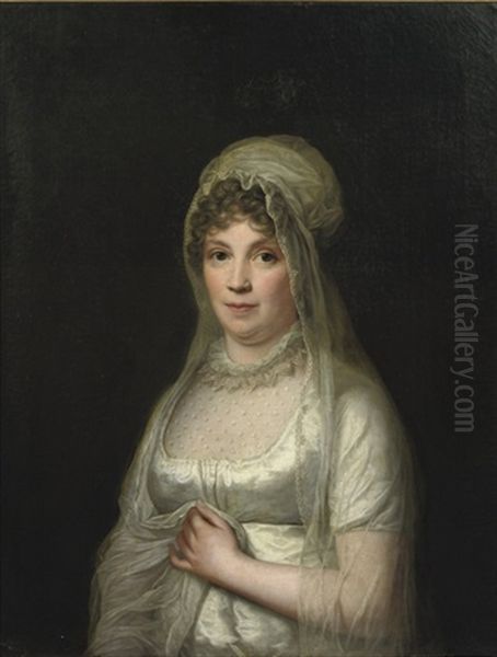 Portrait Of A Lady (lady Von Binzer?) In A White Dress And A White Headdress And Veil Oil Painting by Jens Juel