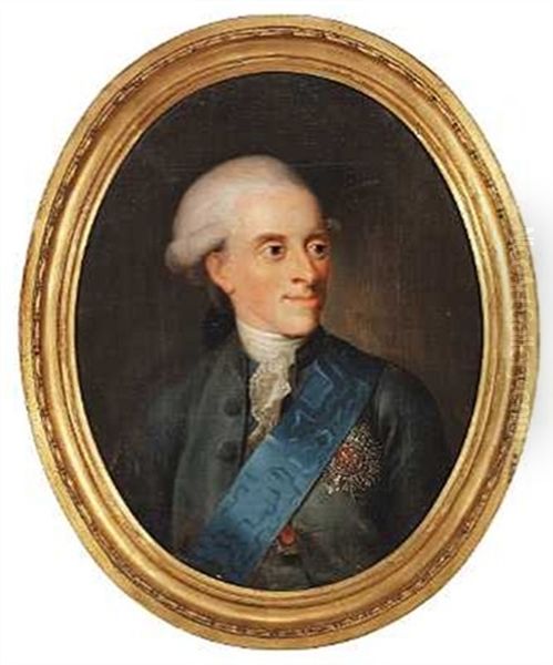 Portraet Af Arveprins Frederik I Grabla Flojlsfrakke, Elefantordenens Bla Band, Stjerne Og Chr. Vii's Orden, Hvidt Halsbind Og Kniplingskros, Paryk Med Todelt Bukkel Og Stor Sort Slojfe I Nakken Oil Painting by Jens Juel