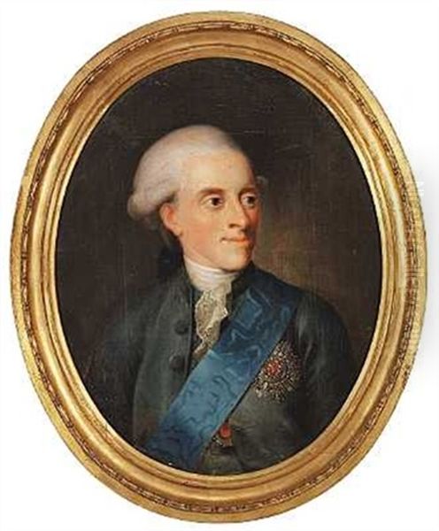 Portraet Af Arveprins Frederik I Grabla Flojlsfrakke, Elefantordenens Bla Band, Stjerne Og Chr. Vii's Orden, Hvidt Halsbind Og Kniplingskros, Paryk Med Todelt Bukkel Oil Painting by Jens Juel