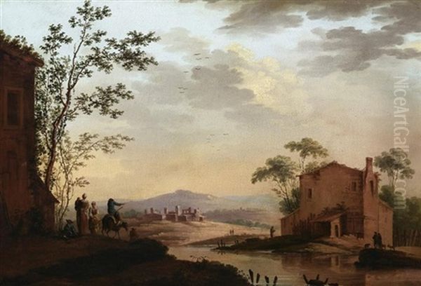 Fluslauf In Weiter Italienischer Hugellandschaft. Vorn Am Ufer Landvolk Vor Katen, Im Mittelgrund Die Silhouette Einer Kleinen Stadt Oil Painting by Jens Juel