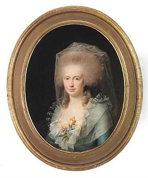 Portraet Af Bolette Marie Lindencrone, F. Harboe, I Bla Kjole Oil Painting by Jens Juel