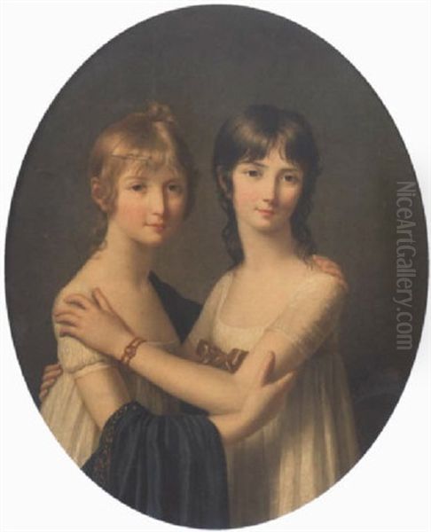 Portrait Of Two Girls Wearing White Dresses, Embracing Each Other Oil Painting by Jens Juel