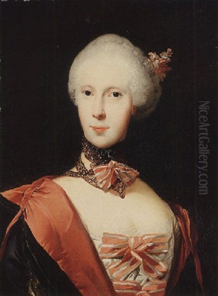 Portrait Of A Lady In A Black And Pink Cape With Pink And White Bows Oil Painting by Jens Juel