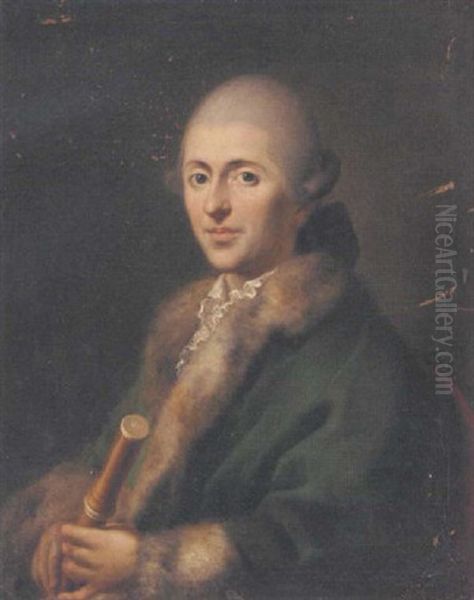 Portrait Of A Gentleman In A Green Fur Lined Coat Oil Painting by Jens Juel