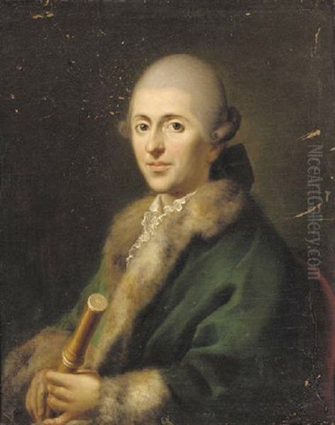 Portrait Of A Gentleman In A Green Fur Lined Coat, Holding A Flute Oil Painting by Jens Juel