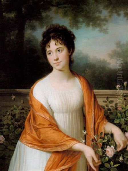 Portraet Af Charlotte Bartholin Eichel I En Rosehave Oil Painting by Jens Juel