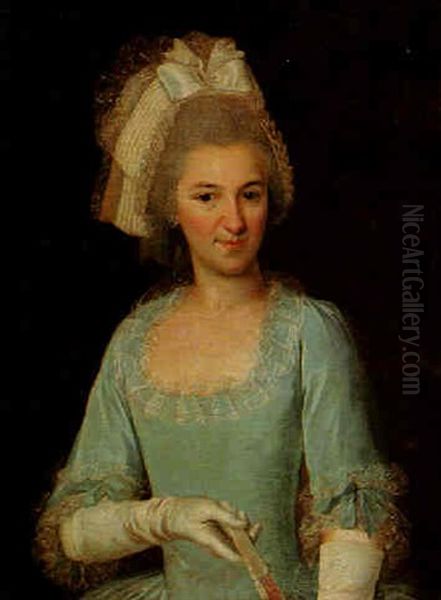 Portrait Of A Lady, Wearing A Bonnet, Holding A Fan Oil Painting by Jens Juel