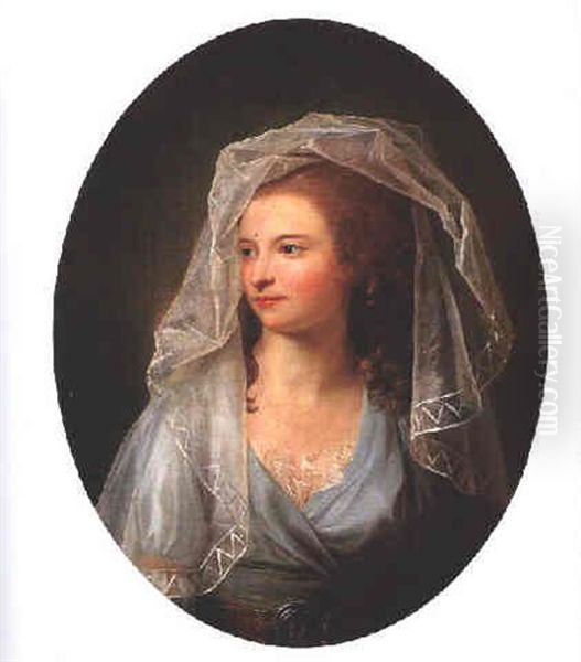 Portrait Of Maria Helena Kortright (nee Hendrickson), Bust Length, Wearing A Pale Blue Dress And A White Chiffon Veil Oil Painting by Jens Juel