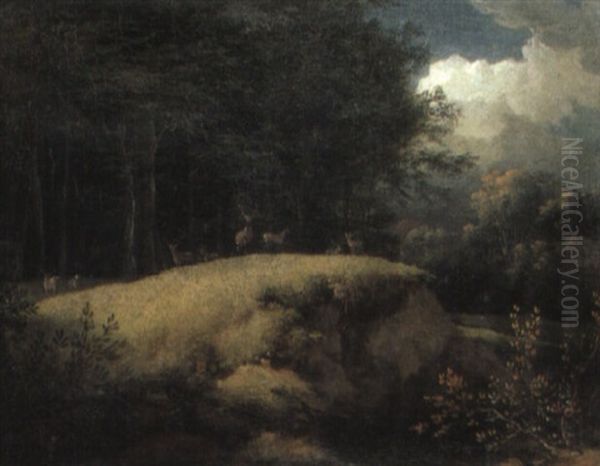 Deer In A Forest Clearing Oil Painting by Jens Juel