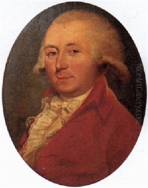 A Portrait Of A Gentleman, Bust Length, Wearing A Red Coat  With Lace Shirt Oil Painting by Jens Juel