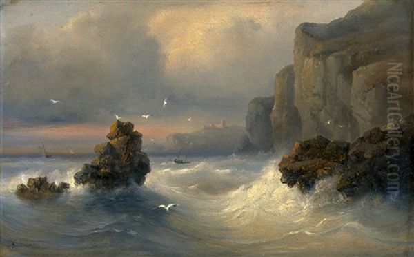 Sturmische See Vor Einer Felsenkuste Oil Painting by Jean-Marie-Auguste Jugelet