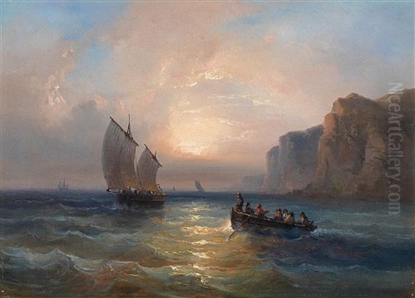 Calm Sea With Ships In The Evening Light Oil Painting by Jean-Marie-Auguste Jugelet