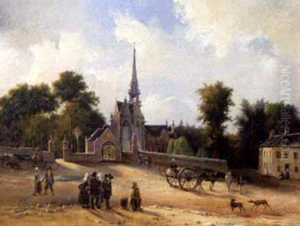 Animation Devant Notre-dame De Rumengol Oil Painting by Jean-Marie-Auguste Jugelet